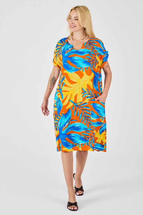 Mavi-Sarı Tropik Desenli V Yaka Rahat Kesim Elbise BCVL-254020