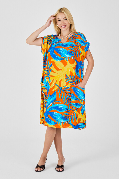 Mavi-Sarı Tropik Desenli V Yaka Rahat Kesim Elbise BCVL-254020