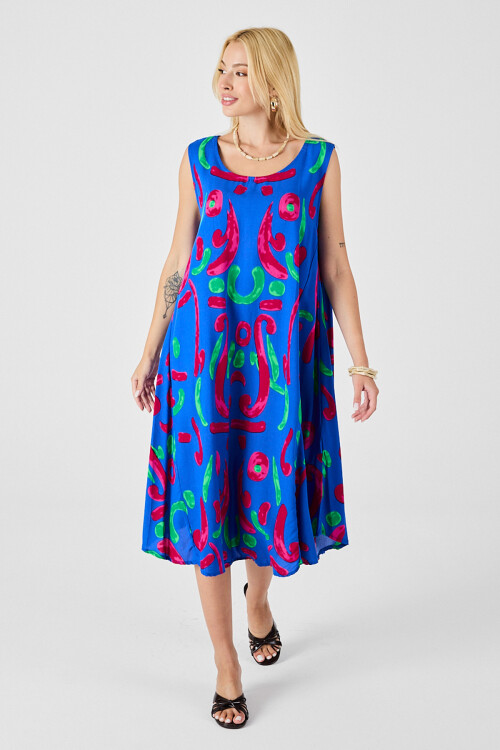 Mavi U Yaka Kolsuz Asimetrik Kesim Midi Boy Elbise