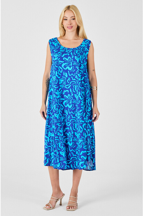 Mavi U Yaka Kolsuz Eteği Asimetrik Kesim Desenli Midi Boy Elbise