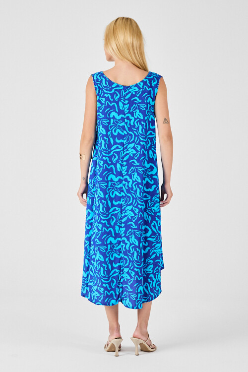 Mavi U Yaka Kolsuz Eteği Asimetrik Kesim Desenli Midi Boy Elbise