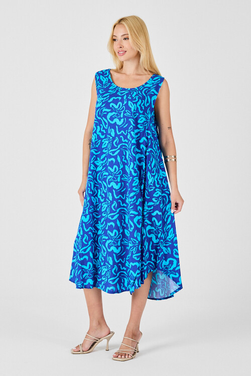 Mavi U Yaka Kolsuz Eteği Asimetrik Kesim Desenli Midi Boy Elbise