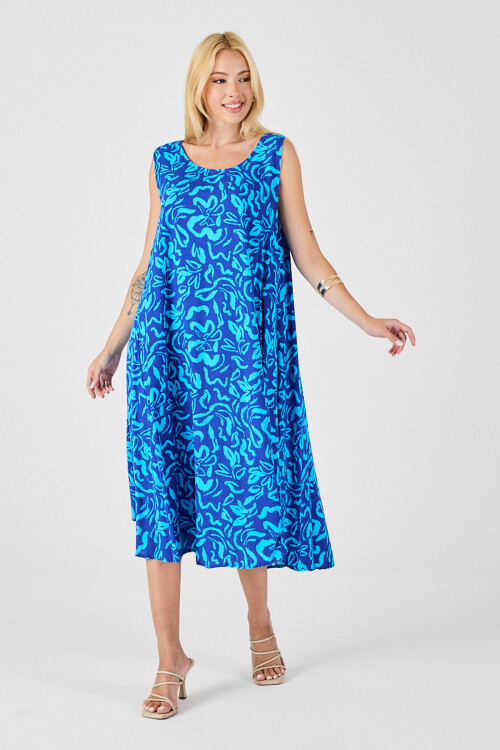 Mavi U Yaka Kolsuz Eteği Asimetrik Kesim Desenli Midi Boy Elbise