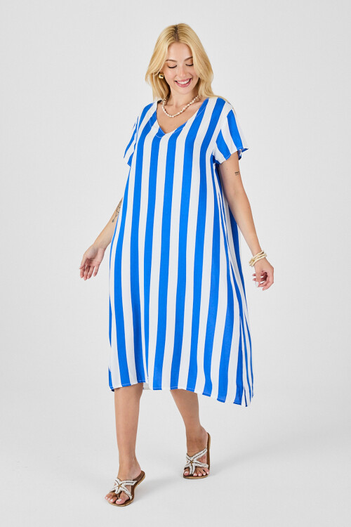 Mavi V Yaka Kısa Kollu Rahat Kesim Elbise