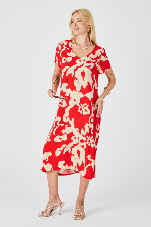 Mercan Derin V Yaka Yırtmaçlı Desenli Midi Boy Elbise