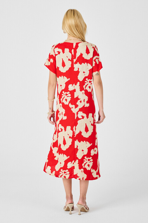 Mercan Derin V Yaka Yırtmaçlı Desenli Midi Boy Elbise