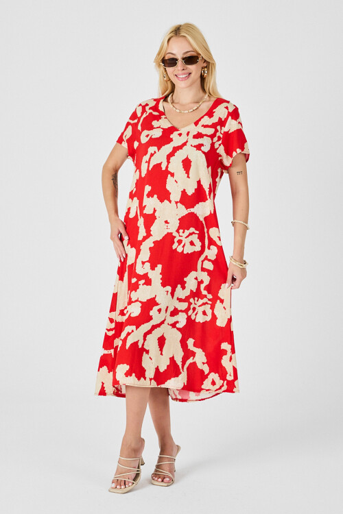 Mercan Derin V Yaka Yırtmaçlı Desenli Midi Boy Elbise