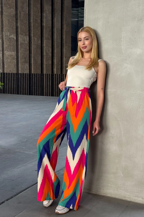 Mix Beli Bağlamalı Bol Kesim Palazzo Yazlık Pantolon