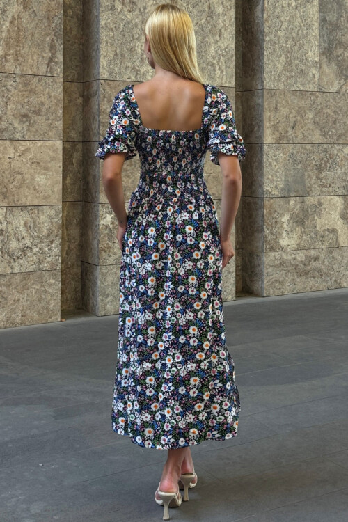 Mix Kare Yaka Beli Gipeli Çiçek Desenli Dokuma Yazlık Elbise