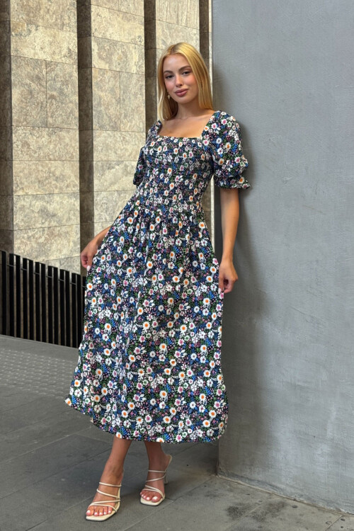 Mix Kare Yaka Beli Gipeli Çiçek Desenli Dokuma Yazlık Elbise