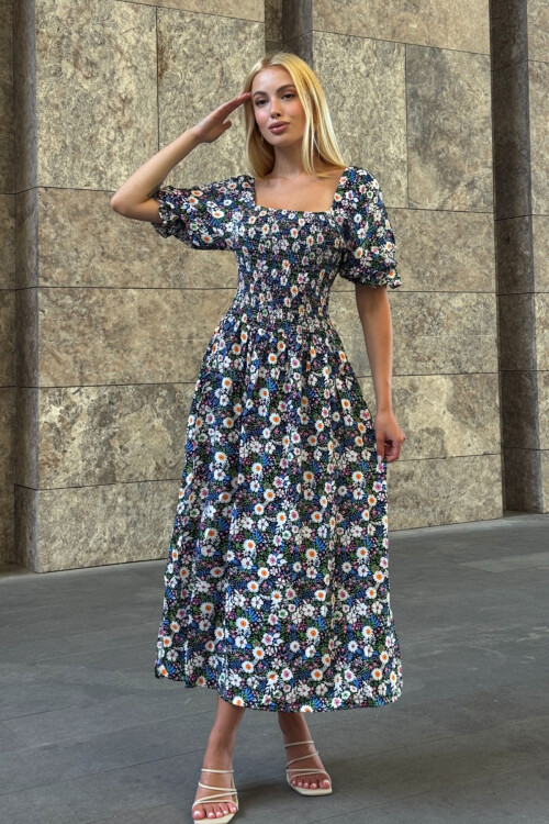 Mix Kare Yaka Beli Gipeli Çiçek Desenli Dokuma Yazlık Elbise