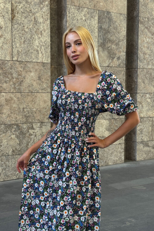 Mix Kare Yaka Beli Gipeli Çiçek Desenli Dokuma Yazlık Elbise