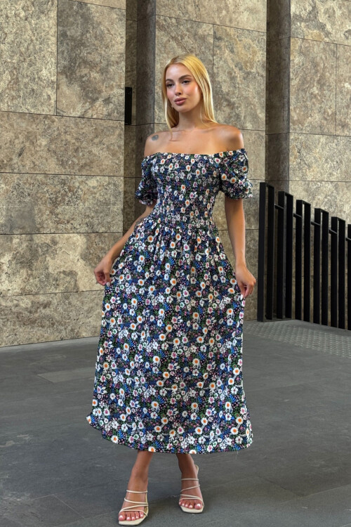 Mix Kare Yaka Beli Gipeli Çiçek Desenli Dokuma Yazlık Elbise