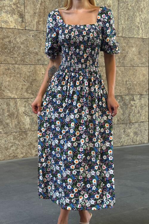 Mix Kare Yaka Beli Gipeli Çiçek Desenli Dokuma Yazlık Elbise