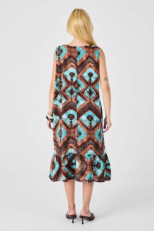 Mix Oval Yaka Çift Cepli Volanlı Kolsuz Midi Elbise