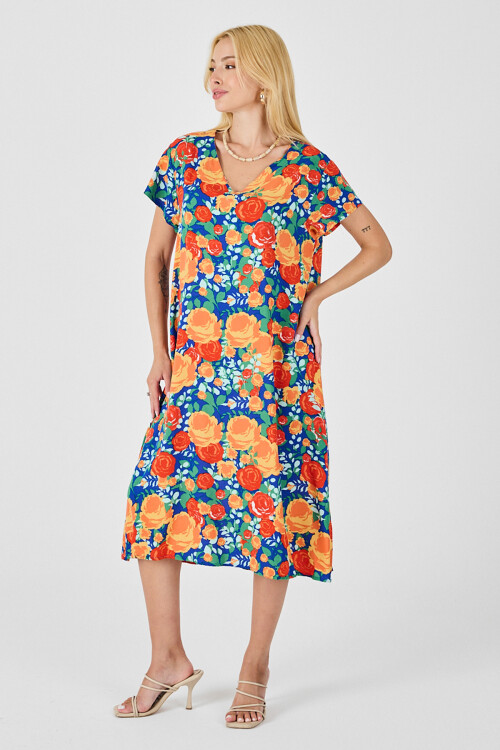 Mix V Yaka Kısa Kollu Midi Boy Desenli Elbise