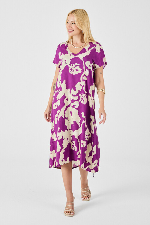 Mor Derin V Yaka Yırtmaçlı Desenli Midi Boy Elbise