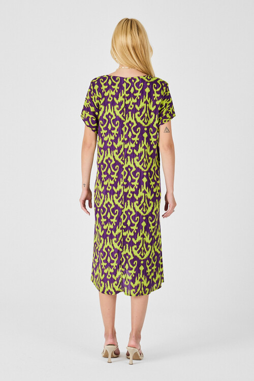 Mor Desenli V Yaka Midi Boy Elbise