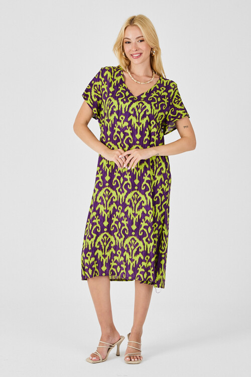 Mor Desenli V Yaka Midi Boy Elbise