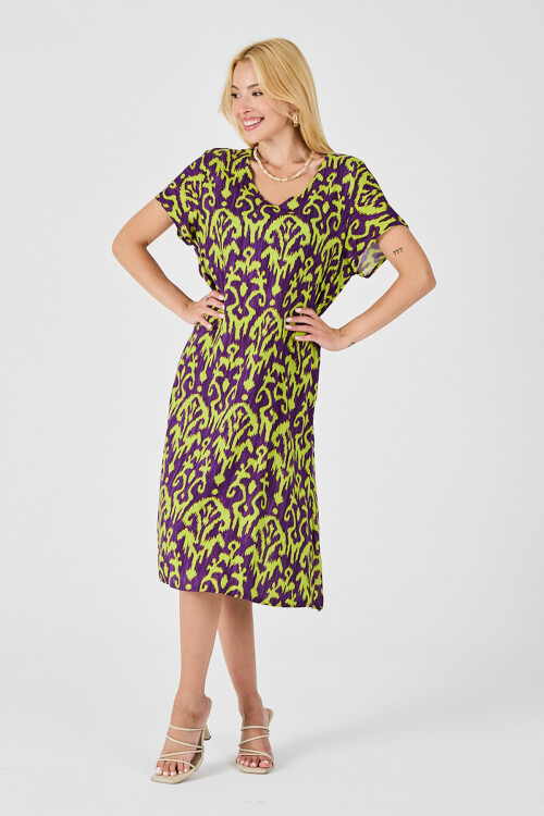 Mor Desenli V Yaka Midi Boy Elbise