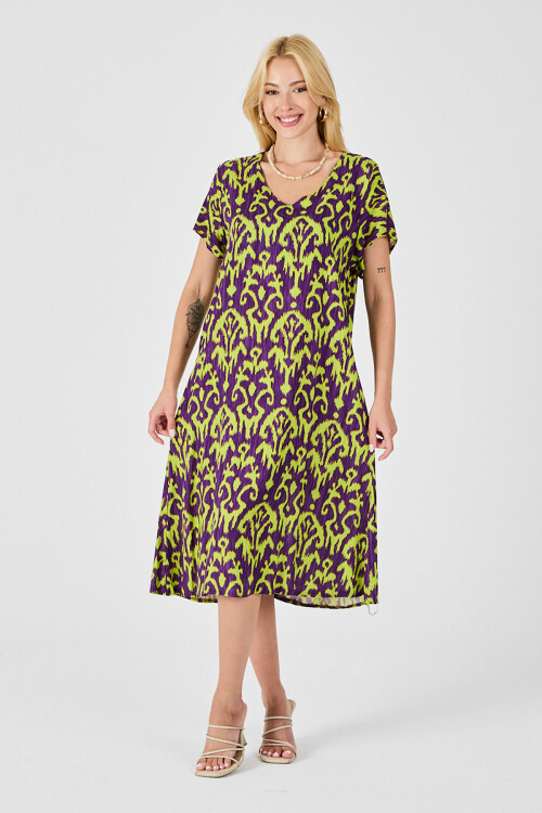 Mor Desenli V Yaka Midi Boy Elbise