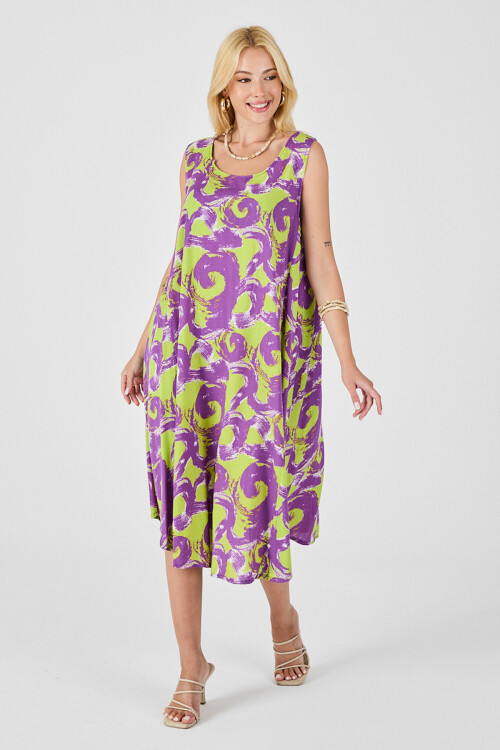 Mor U Yaka Kolsuz Asimetrik Kesim Midi Boy Elbise