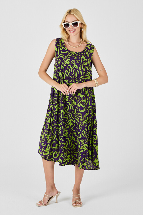 Mor U Yaka Kolsuz Eteği Asimetrik Kesim Desenli Midi Boy Elbise