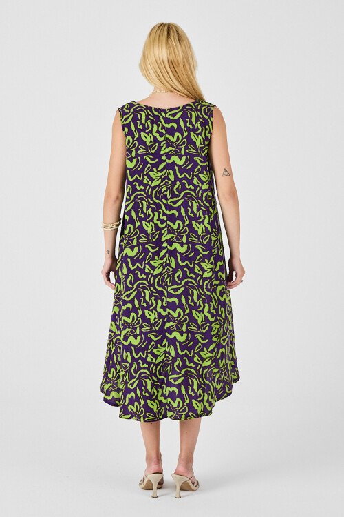 Mor U Yaka Kolsuz Eteği Asimetrik Kesim Desenli Midi Boy Elbise