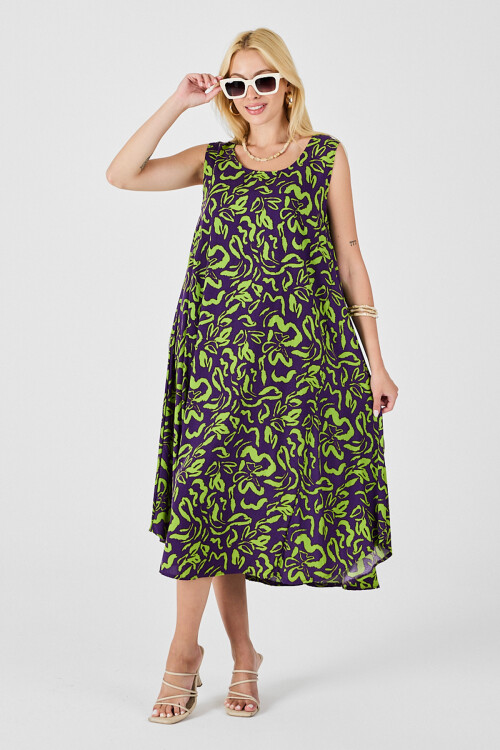 Mor U Yaka Kolsuz Eteği Asimetrik Kesim Desenli Midi Boy Elbise