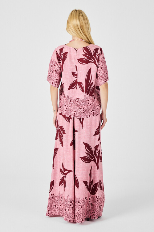 Mürdüm-Çiçek Yaprak Desenli Oversize Bluz Ve Bol Paça Pantolon Takım