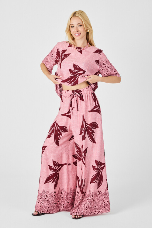 Mürdüm-Çiçek Yaprak Desenli Oversize Bluz Ve Bol Paça Pantolon Takım