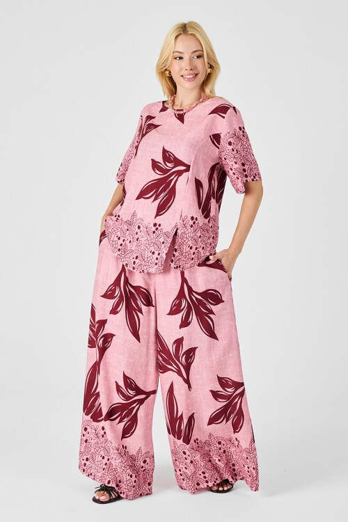 Mürdüm-Çiçek Yaprak Desenli Oversize Bluz Ve Bol Paça Pantolon Takım