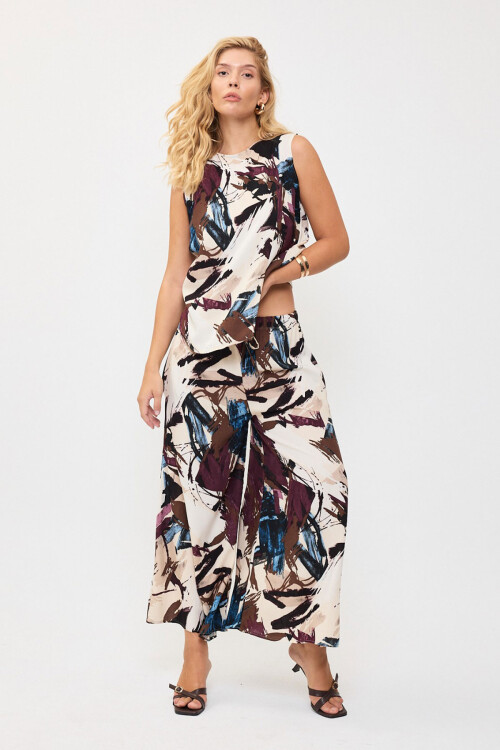 Mürdüm Desenli Kolsuz Bluz Ve Geniş Paça Pantolon Dokuma Alt Üst Takım BCVL-25V201