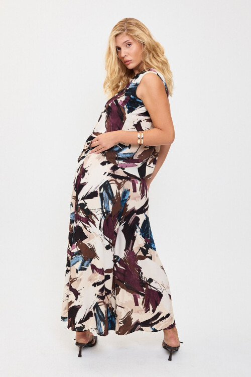 Mürdüm Desenli Kolsuz Bluz Ve Geniş Paça Pantolon Dokuma Alt Üst Takım BCVL-25V201