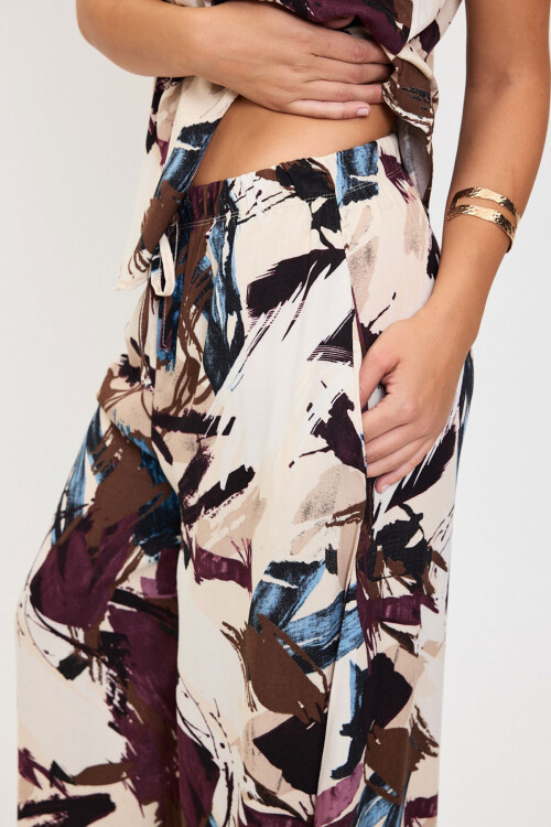 Mürdüm Desenli Kolsuz Bluz Ve Geniş Paça Pantolon Dokuma Alt Üst Takım BCVL-25V201