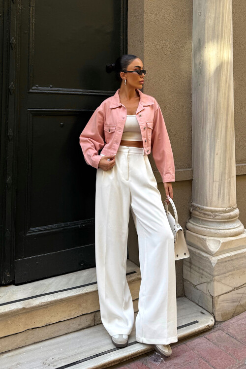Pembe Çift Cep Denim Crop Ceket BCDF-255419