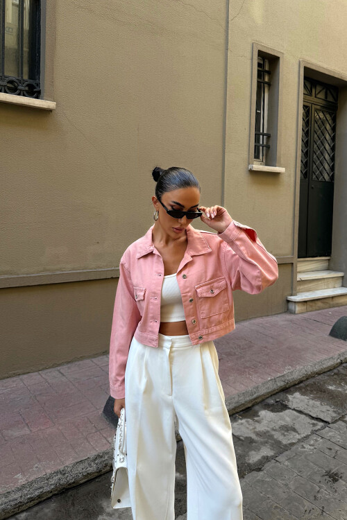Pembe Çift Cep Denim Crop Ceket BCDF-255419