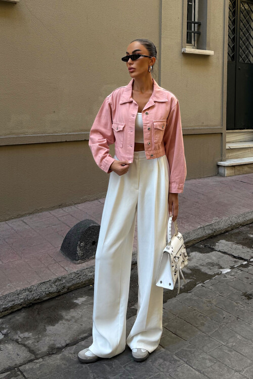 Pembe Çift Cep Denim Crop Ceket BCDF-255419