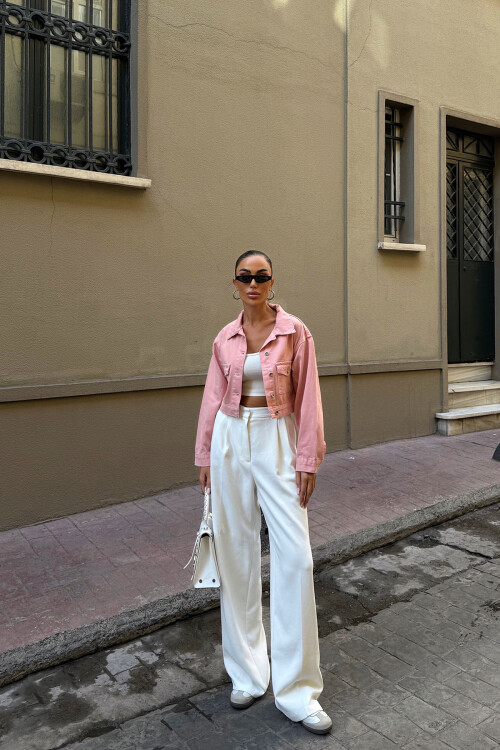 Pembe Çift Cep Denim Crop Ceket BCDF-255419