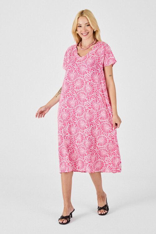 Pembe Derin V Yaka Kısa Kollu Çizgi Desenli Midi Boy Elbise