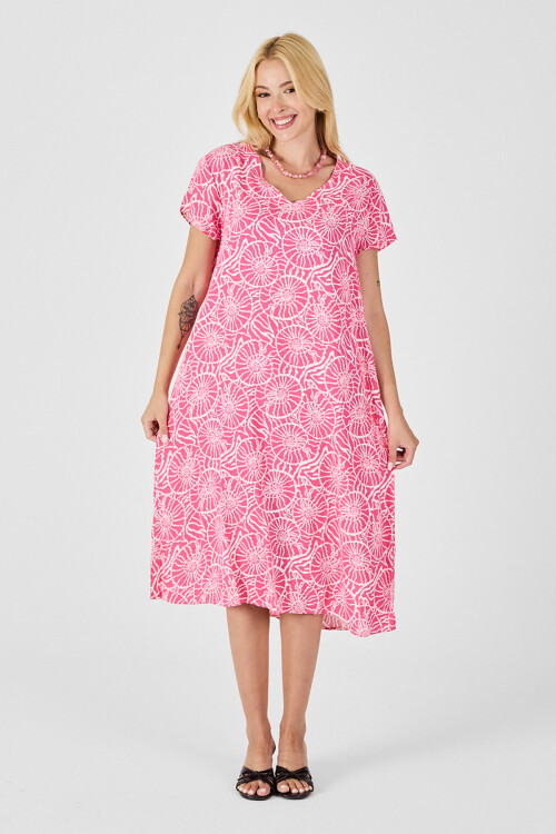 Pembe Derin V Yaka Kısa Kollu Çizgi Desenli Midi Boy Elbise