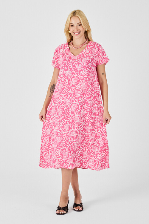 Pembe Derin V Yaka Kısa Kollu Çizgi Desenli Midi Boy Elbise