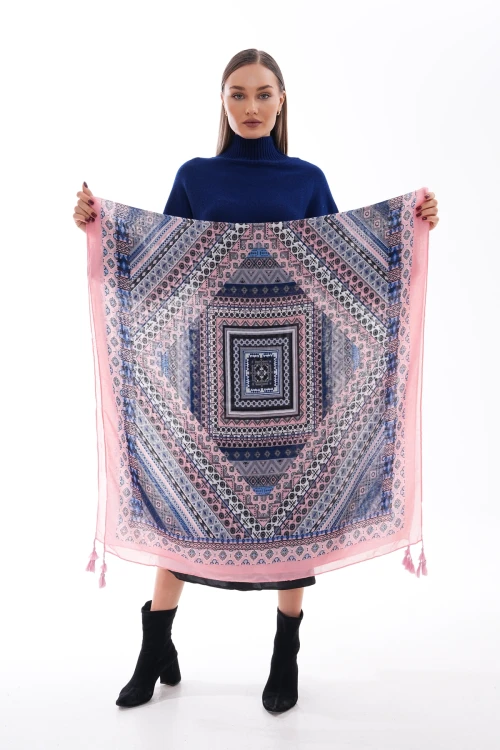 Pembe Desenli Püsküllü Şal BCNSV-2515239