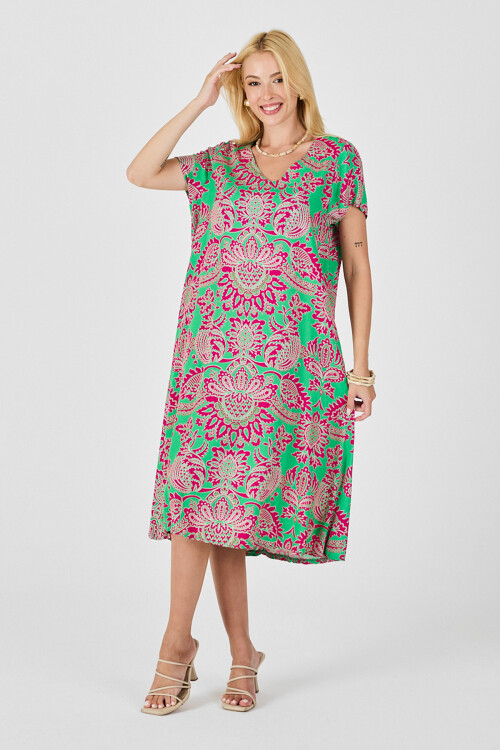 Pembe Desenli V Yaka Kısa Kollu Midi Boy Elbise