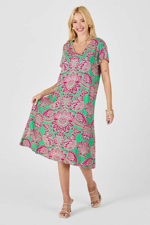 Pembe Desenli V Yaka Kısa Kollu Midi Boy Elbise