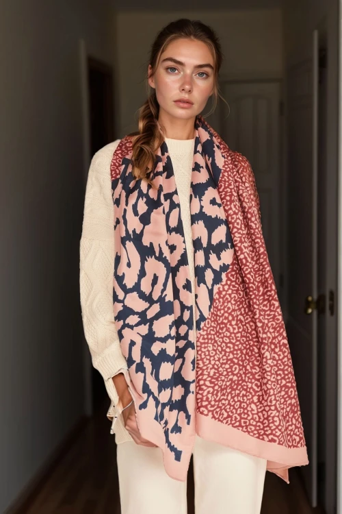 Pembe Patchwork Leopar Desenli Şal BCNSV-2513955