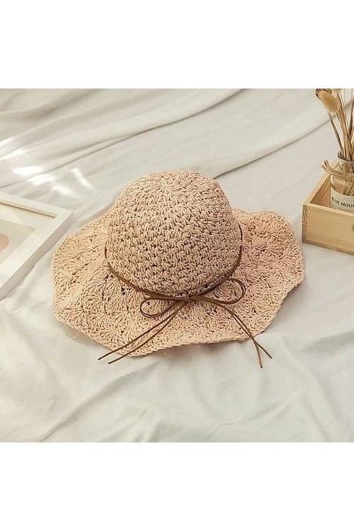 Pudra El Örgü Dantelli İp Detaylı Geniş Hasır Şapka BCNSV-2514633