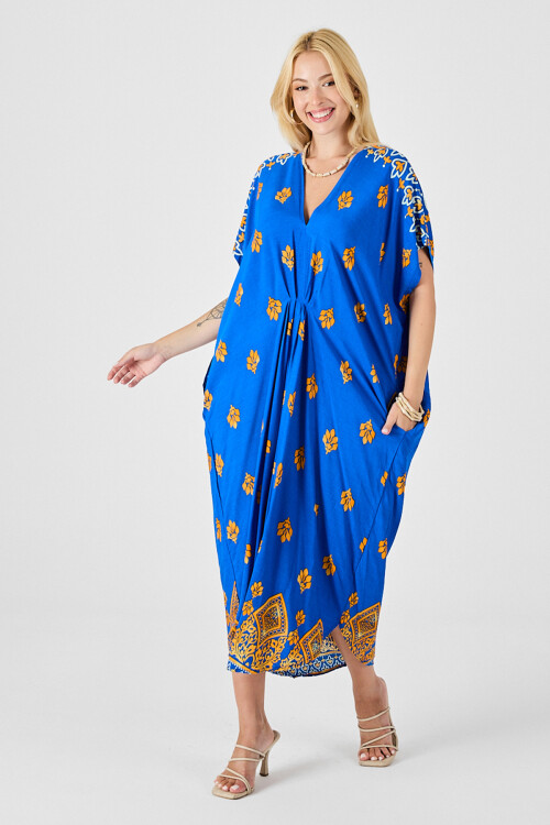 Saks Desenli V Yaka Salaş Kesim Kaftan Elbise