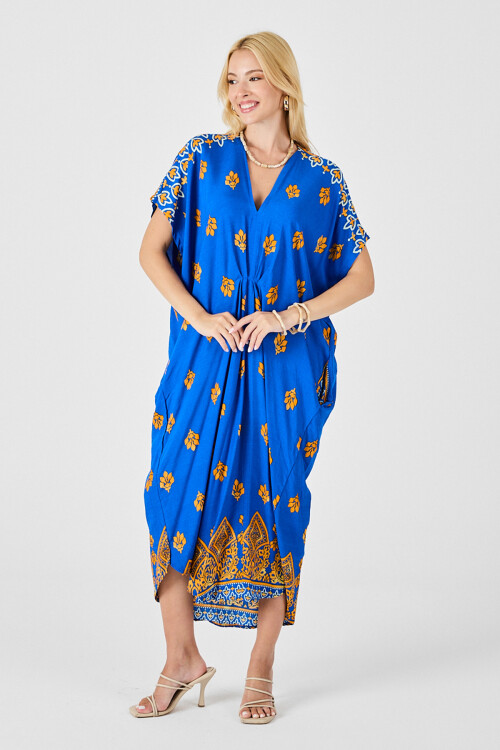 Saks Desenli V Yaka Salaş Kesim Kaftan Elbise