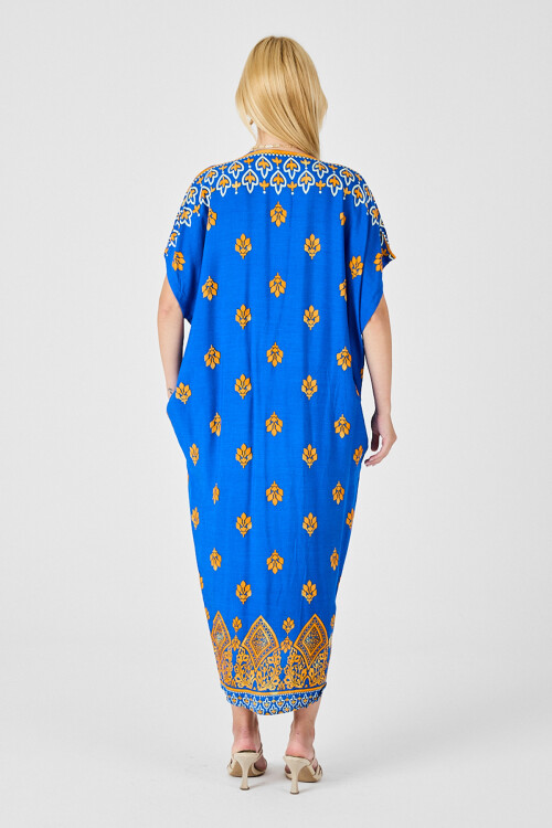 Saks Desenli V Yaka Salaş Kesim Kaftan Elbise